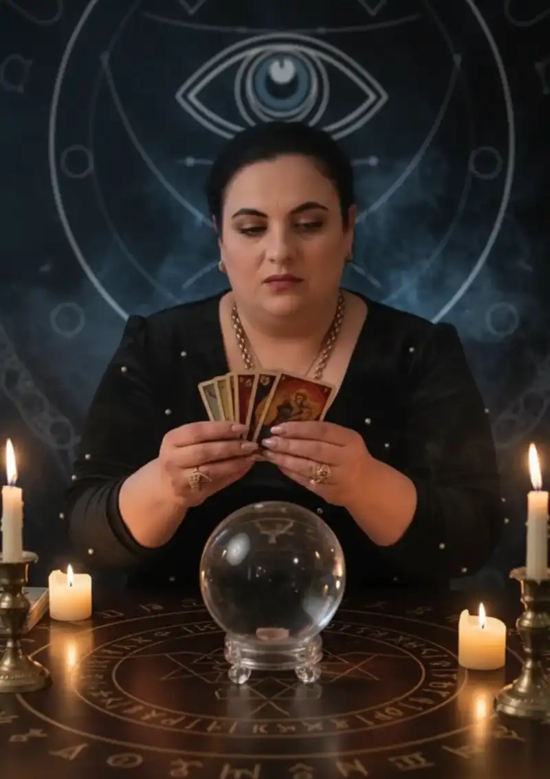 Гадалка сидит за темным столом, держа в руках карты Таро